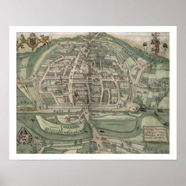 Pôster Map of Exeter, from 'Civitates Orbis Terrarum' by (Frente)