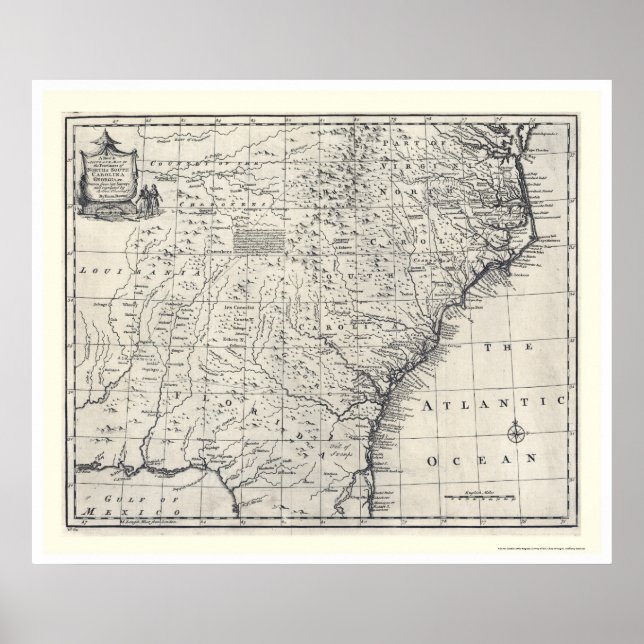 Poster Map of Georgia and Carolinas by Bowen 1752 (Frente)