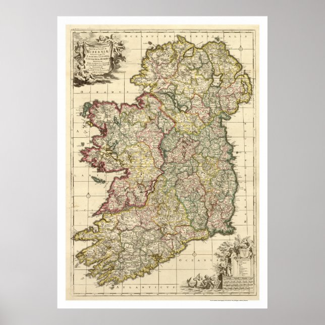 Pôster Map of Ireland by Frederik de Wit 1710 (Frente)