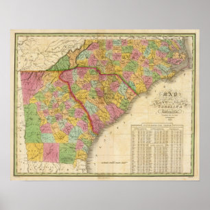 Pôster Map Of North and South Carolina And Georgia