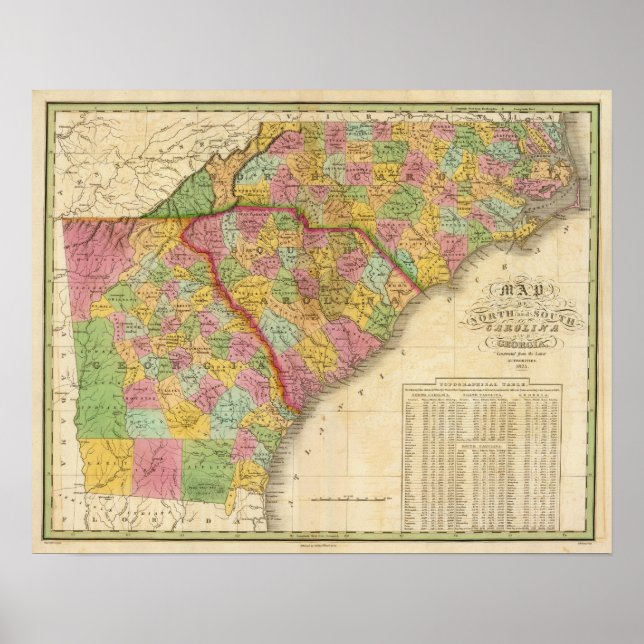 Pôster Map Of North and South Carolina And Georgia (Frente)