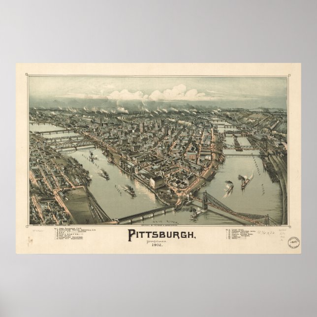 Pôster Map of Pittsburgh, Birds-Eye View, 1902 (Frente)