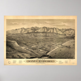 Poster Map of Santa Barbara, Birds-Eye View, 1877
