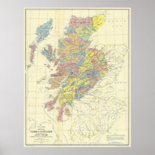 Pôster Map of Scotland in 1899 Showing Scottish Clans