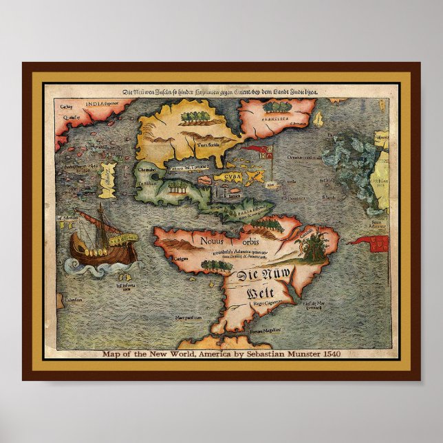 Poster Map of the New World, America by Sebastian Munster (Frente)