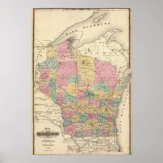 Pôster Map of the State of Wisconsin (Frente)