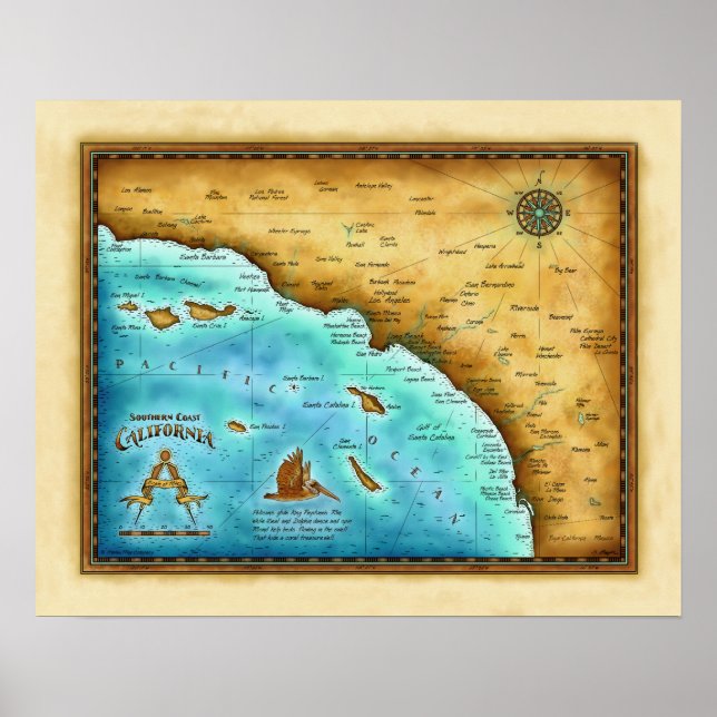 Pôster Map So. Cal Blue water (Frente)