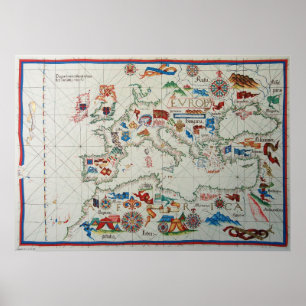 Pôster Mapa 1563 do renascimento Europa