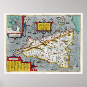 Pôster Mapa 1592 do renascimento de Sicília