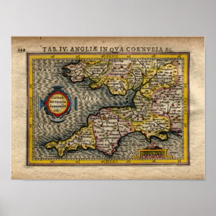 Poster Mapa 1610 de Cornualha, de Devon, de Somerset,
