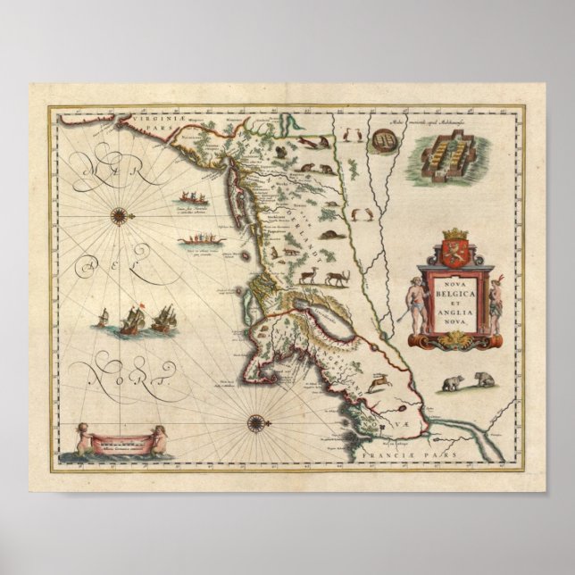Pôster Mapa 1640 "Nova Belgica Et Anglia Nova" (Frente)