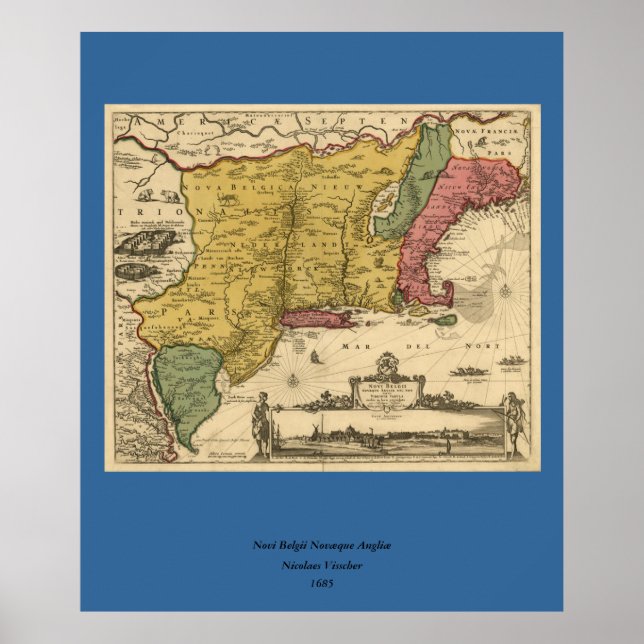 Poster Mapa 1685 - Nova Bélgica, O Novo Mundo, Nova Ingla (Frente)