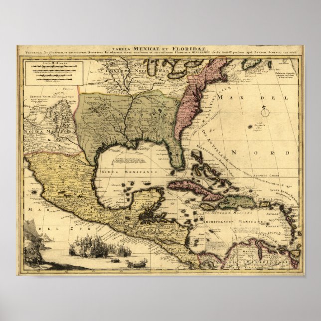 Pôster Mapa 1710 do México, da América do Norte e do Cari (Frente)