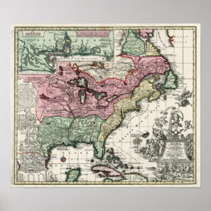Pôster Mapa 1720 das colônias de America do Norte