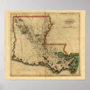 Pôster Mapa 1814 de Louisiana do vintage