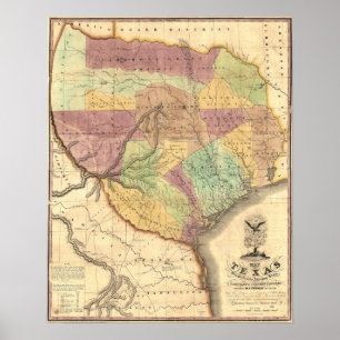 Poster Mapa 1837 da república de Texas