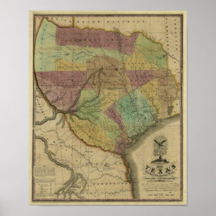 Pôster Mapa 1837 de Texas com partes dos estados
