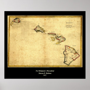 Pôster Mapa 1837 - ilhas havaianas de Havaí do vintage