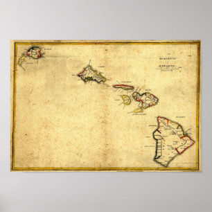 Poster Mapa 1837 - ilhas havaianas de Havaí do vintage