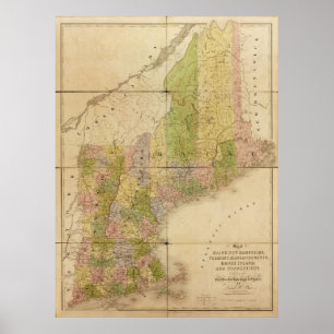 Pôster Mapa 1839 de estados de Maine & de Nova Inglaterra