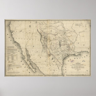 Pôster Mapa 1844 da república de Texas & de países