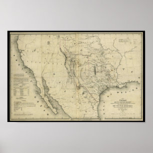 Pôster Mapa 1844 de Texas e os países adjacentes