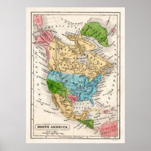 Pôster Mapa 1846 de America do Norte com república de