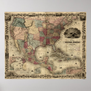 Poster Mapa 1850 dos Estados Unidos da América
