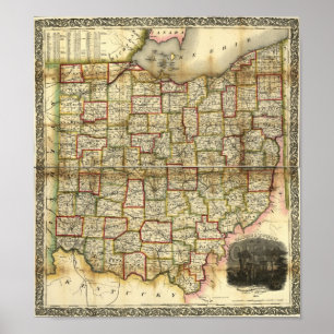 Poster Mapa 1851 de Ohio do vintage