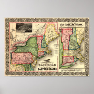 Pôster Mapa 1856 do trilho de Nova Inglaterra do vintage