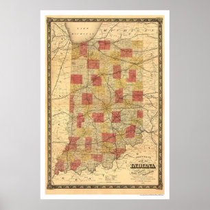 Poster Mapa 1858 do trem de estrada de ferro de Indiana
