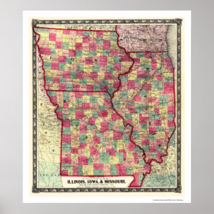 Poster Mapa 1859 da estrada de ferro de Illinois Iowa