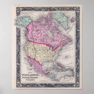 Poster Mapa 1860 histórico de America do Norte