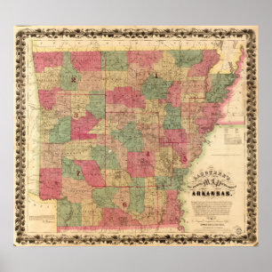 Pôster Mapa 1866 de Arkansas
