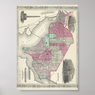 Pôster Mapa 1866 de Johnson da C.C. de Washington