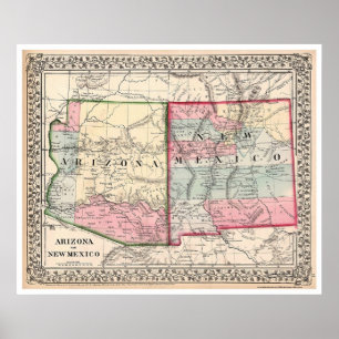 Pôster Mapa 1867 de New mexico da arizona
