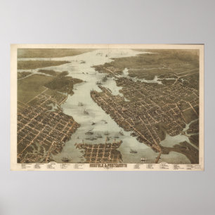Poster Mapa 1873 panorâmico de Norfolk Portsmouth VA