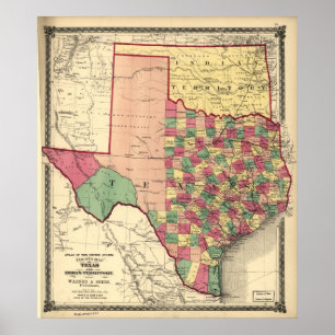 Poster Mapa 1875 de Texas & do território indiano