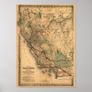 Poster Mapa 1876 de Califórnia do vintage