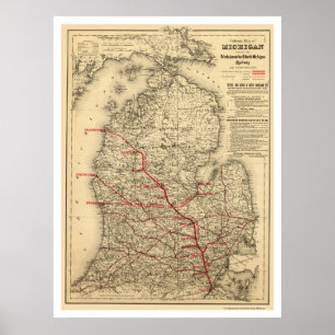 Pôster Mapa 1886 do trem de estrada de ferro de Michigan