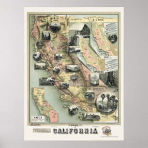 Pôster Mapa 1888 dos produtos de Califórnia