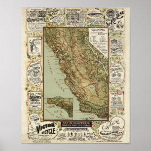 Pôster Mapa 1895 do ciclismo da bicicleta de Califórnia