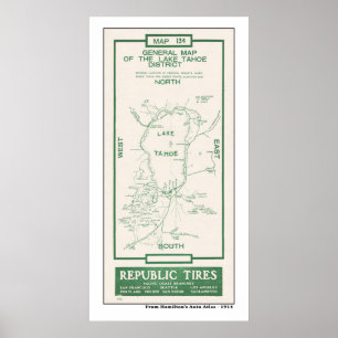 Pôster Mapa 1914 de Lake Tahoe