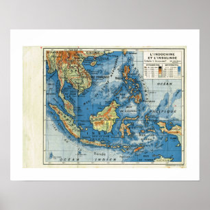 Pôster Mapa, 1920, francês, L'IndoChine e Insolinde do