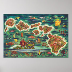 Pôster Mapa 1950 de Dole da pintura de óleo de Havaí