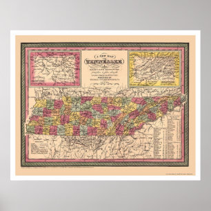 Poster Mapa adiantado de Tennessee 1850