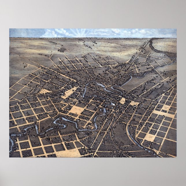 Pôster Mapa Aéreo Antigo da Cidade de San Antonio, Texas, (Frente)
