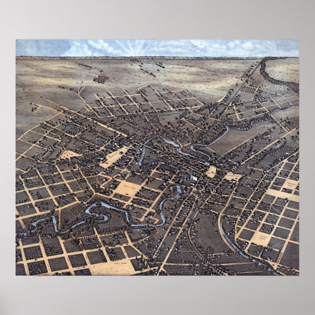 Pôster Mapa Aéreo Antigo da Cidade de San Antonio, Texas, (Frente)