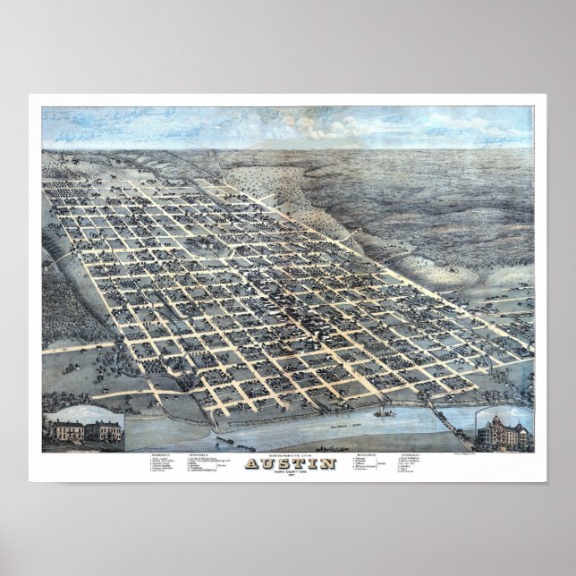 Pôster Mapa aério antigo da cidade de Austin, Texas de 18 (Frente)