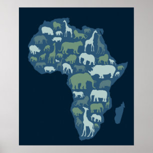 Pôster Mapa africano com silhueta dos animais